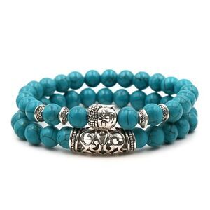 NEW Women's Bracelet 2-Piece Set Pretty Turquoise Teal Silver Stretchy Bracelets